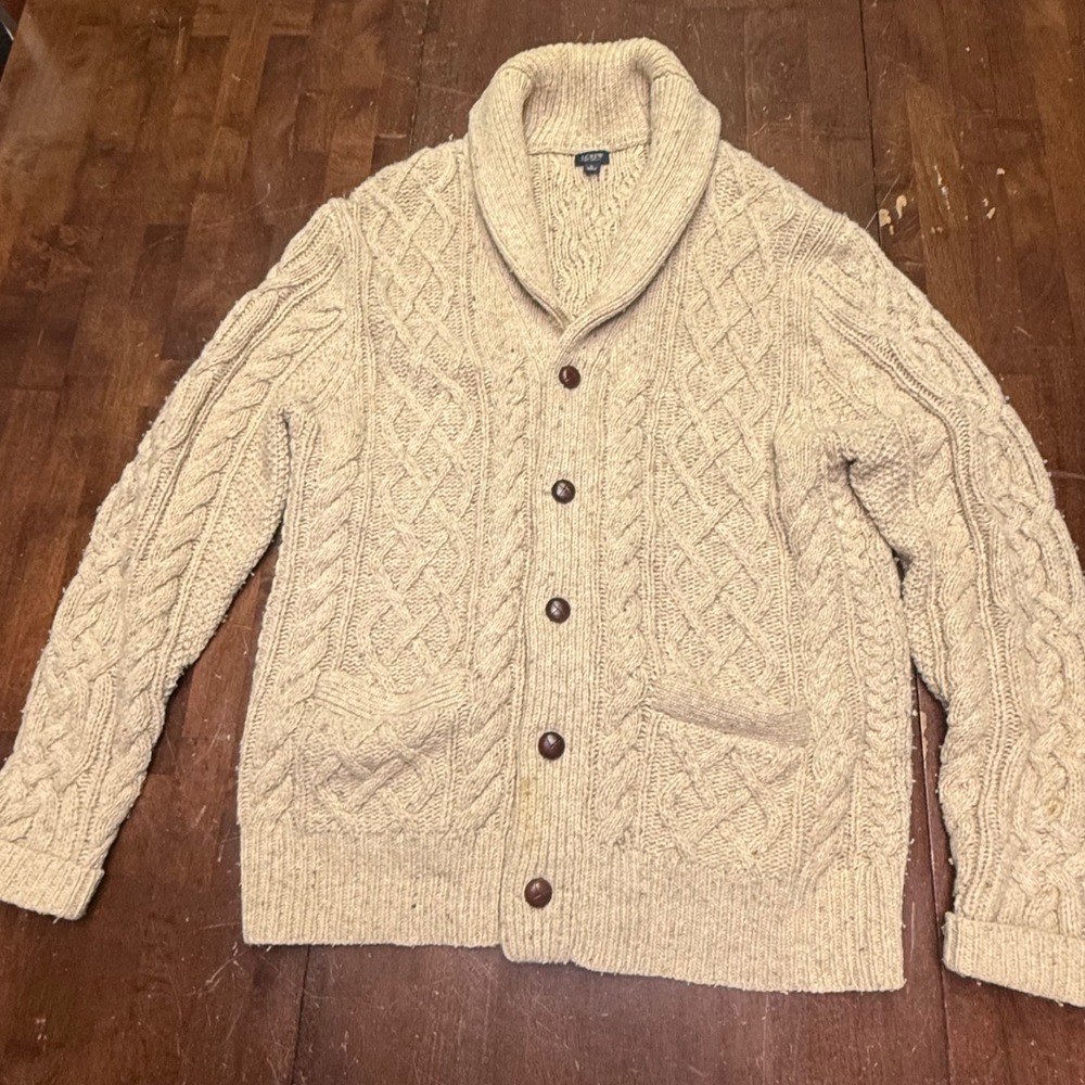 J.Crew Shawl Cardigan Mens L Beige Wool Blend Cable Knit Sweater Librarian